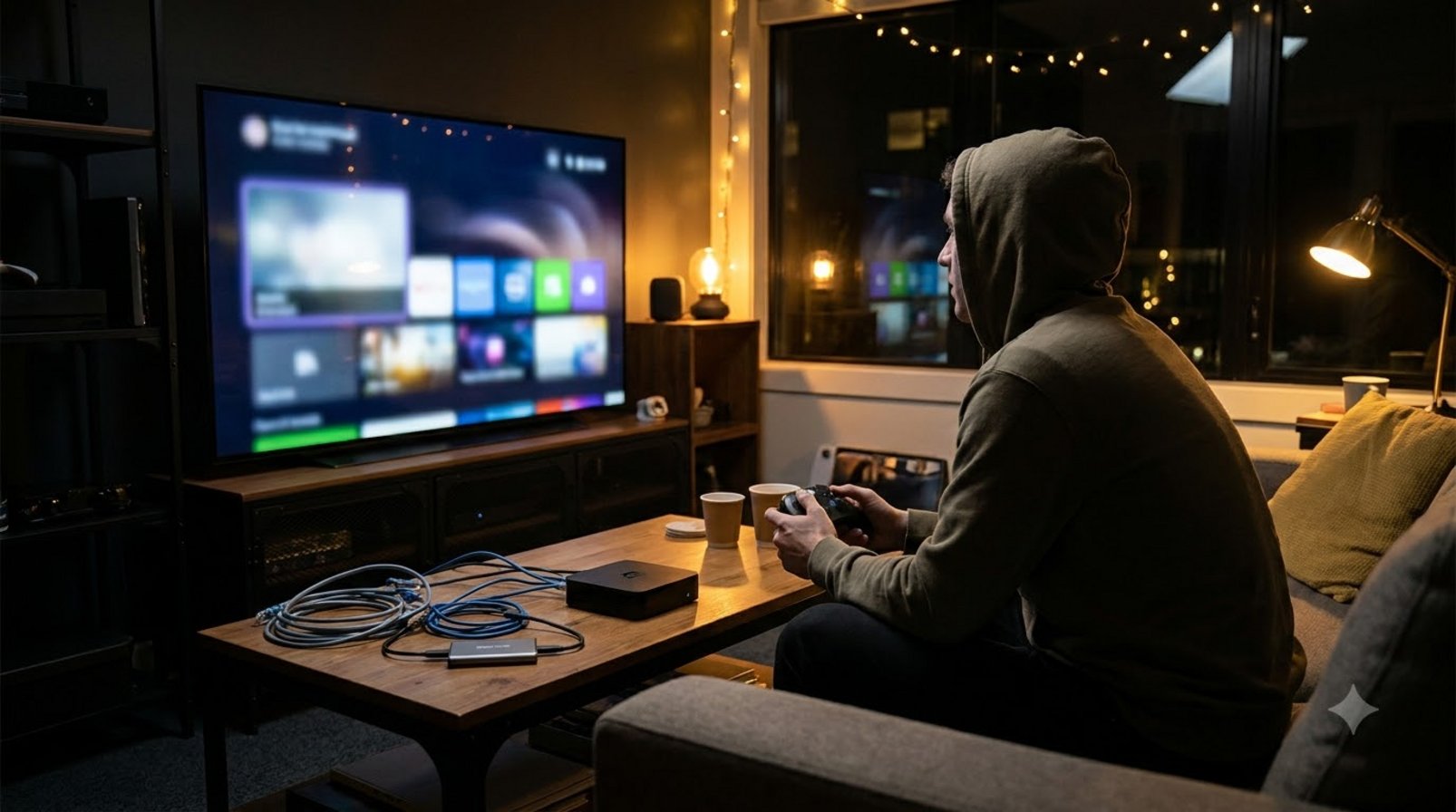Người dùng ngồi trước TV kết nối cloud, dây cáp và tay cầm đặt cạnh