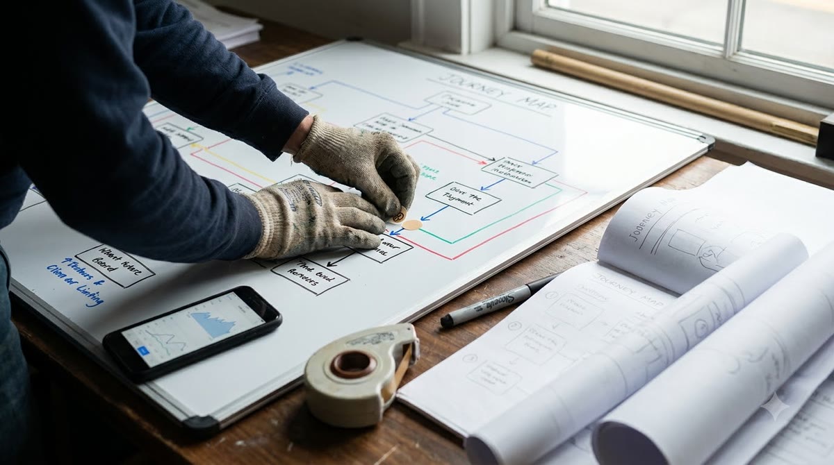 Bàn tay gắn thẻ sự kiện lên sơ đồ luồng hành vi cạnh điện thoại và giấy ghi chú