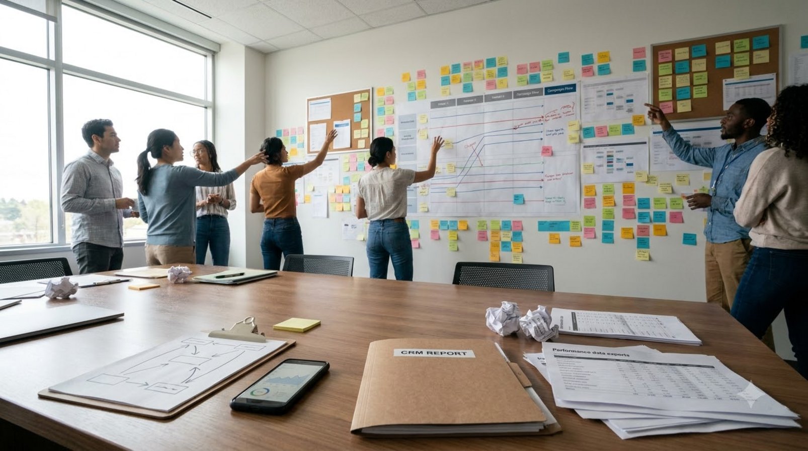 Phòng vận hành marketing với sơ đồ luồng, giấy tờ và biểu mẫu nối nhau