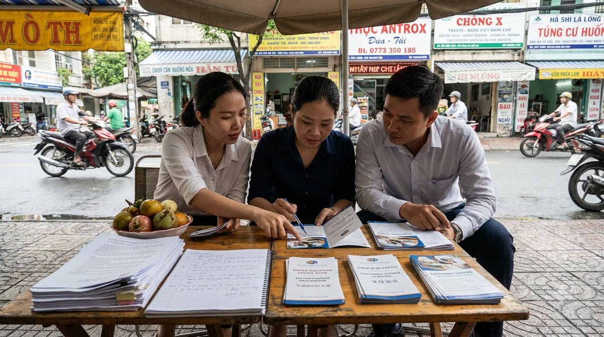 Nhóm marketer ở quán cà phê vỉa hè, xem brochure in nhiều ngôn ngữ giữa phố xe máy