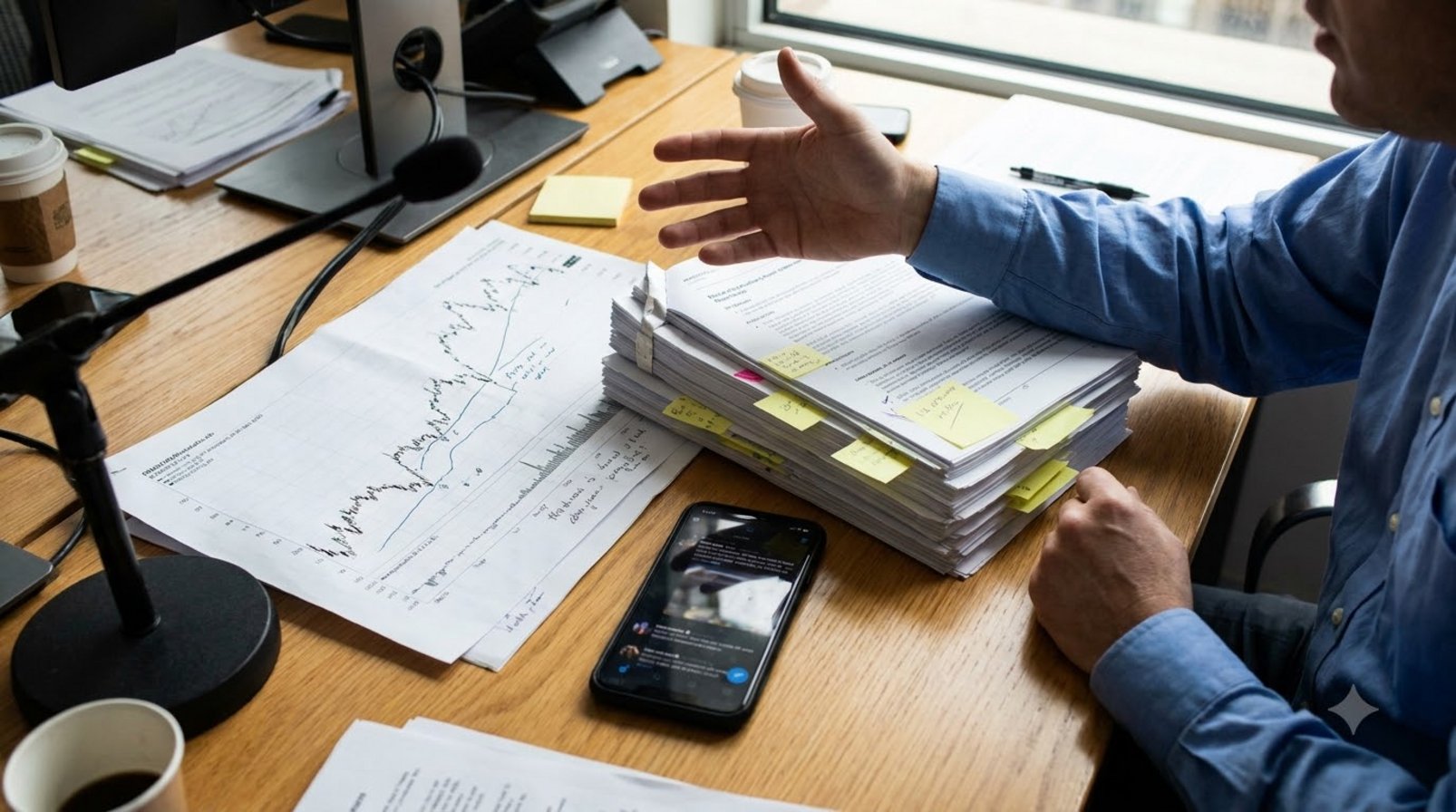 An expert reviewing printed reports and performance charts in a newsroom-like setting