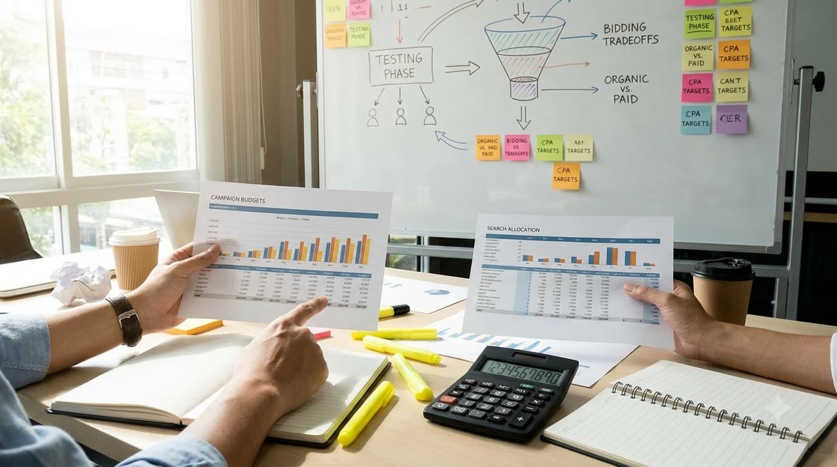 Bàn giấy tờ ngân sách, bút nhớ dòng và bảng phễu thủ công trong phòng chiến lược marketing