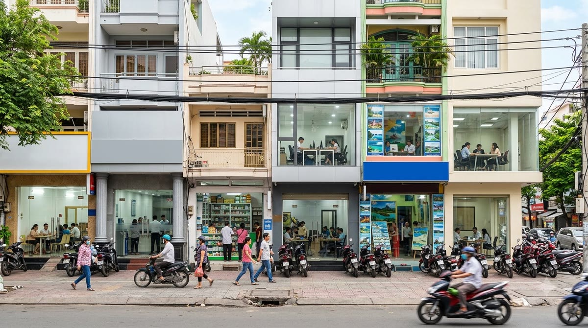 Dãy cửa hàng thực tế ở trung tâm thành phố với nhiều ngành dịch vụ khác nhau trên phố