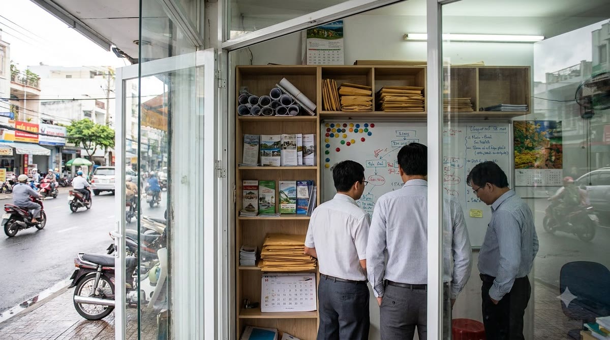 A marketing team working in a small street-front office, with papers and workflow charts filling the space