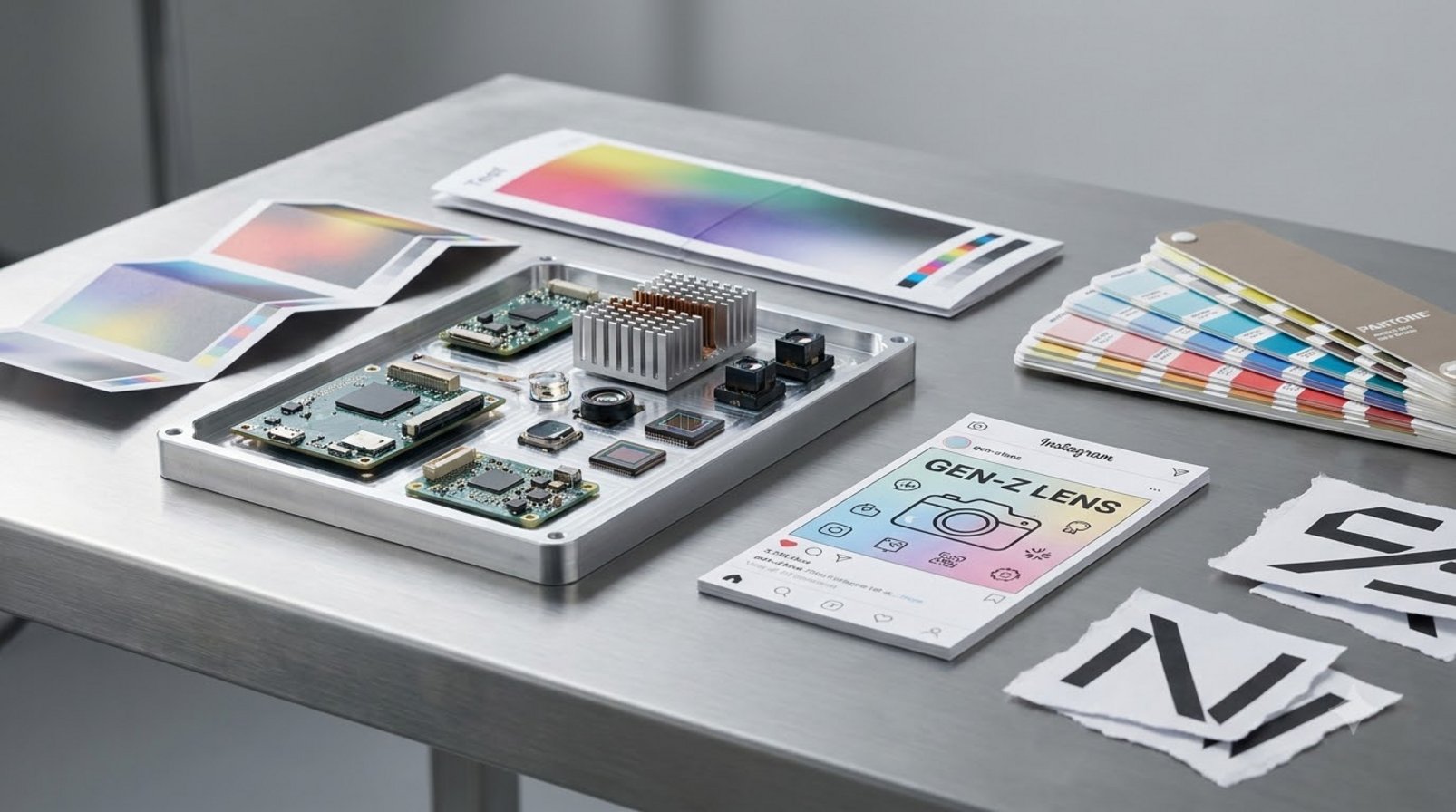 Printed ad layouts and sample images placed beside graphics processing components in a studio