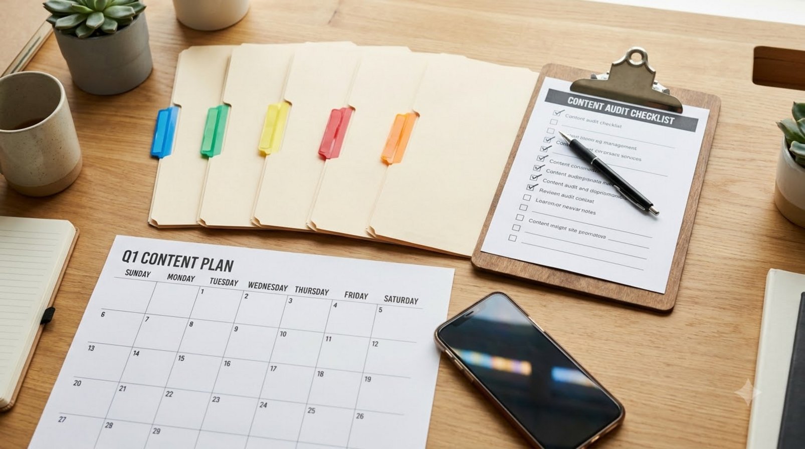 A tidy desk with color-coded files, a content calendar, and a blurred notification phone