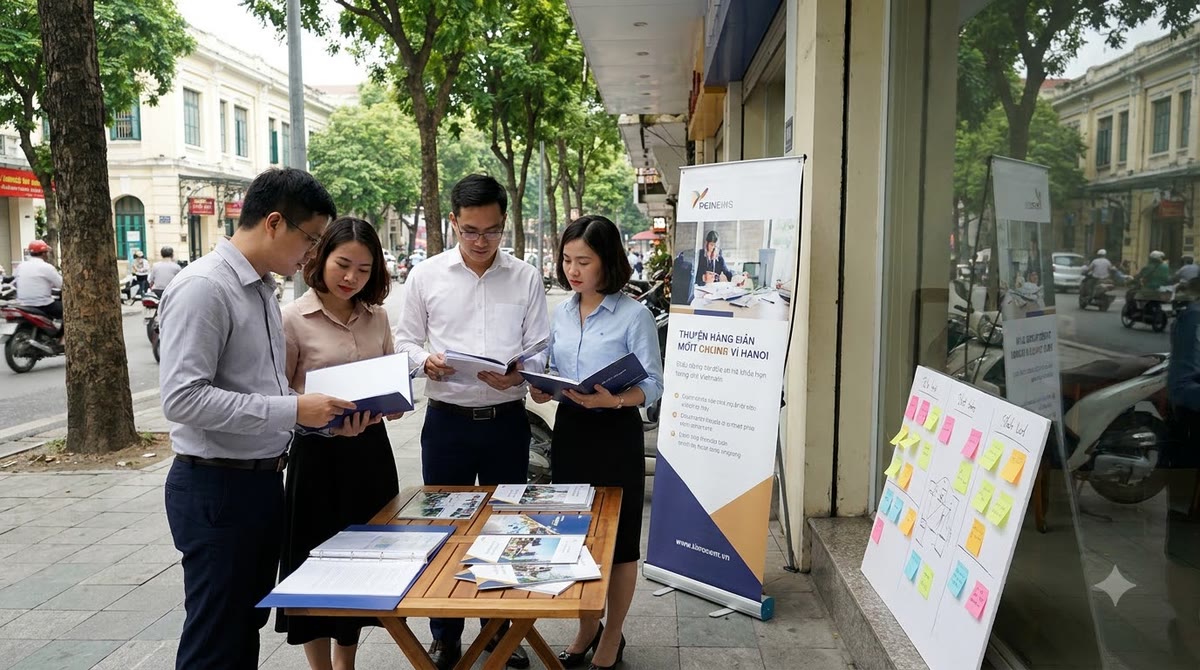 Nhóm nhỏ họp ngoài phố với tài liệu in, bản đồ vùng và hồ sơ khách hàng