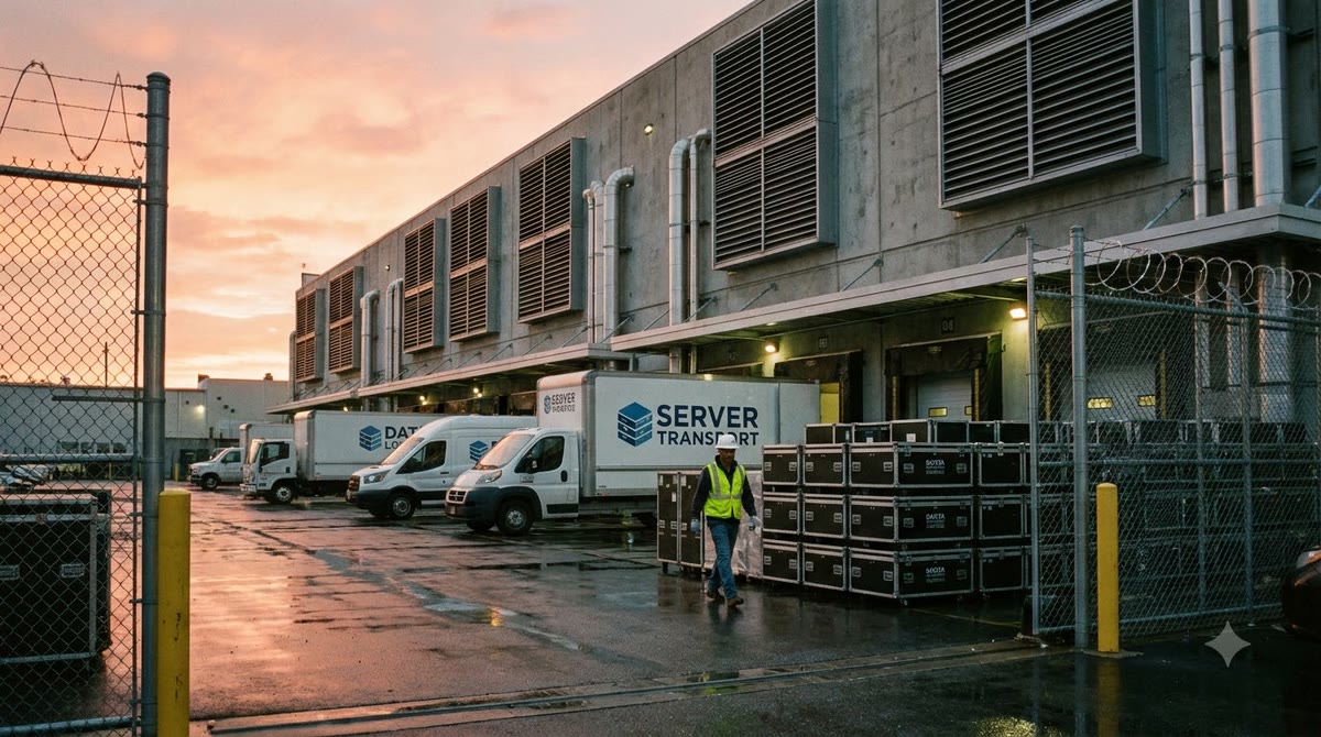 Xe van, hàng rào bảo vệ và kỹ thuật viên trước khu data center lúc hoàng hôn