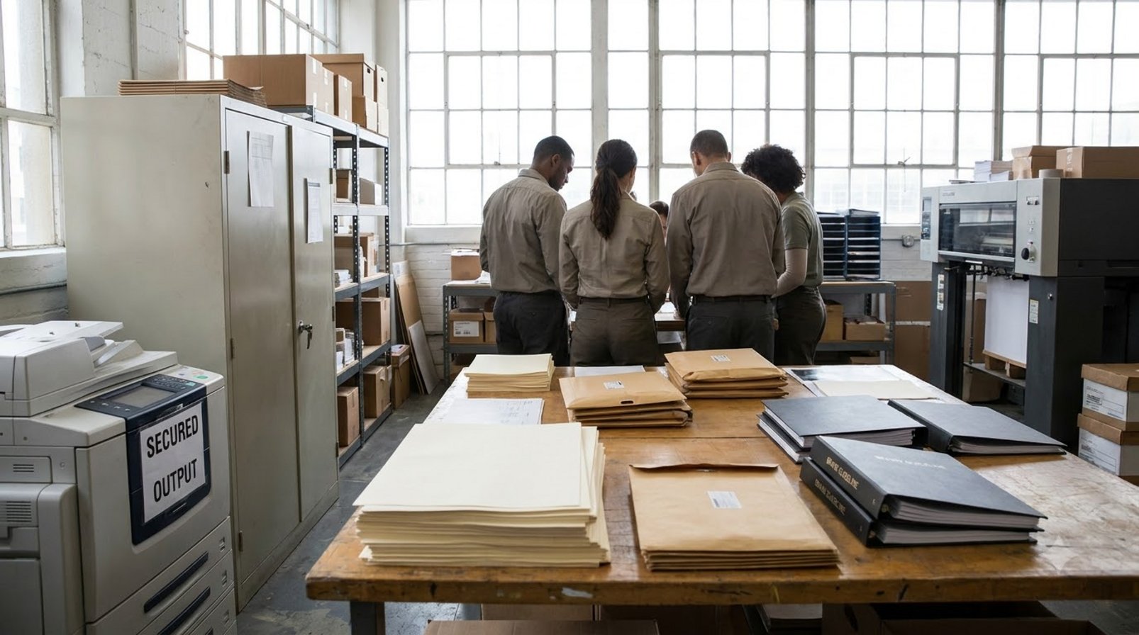 Operations staff reviewing printouts, brand documents, and a locked data export area