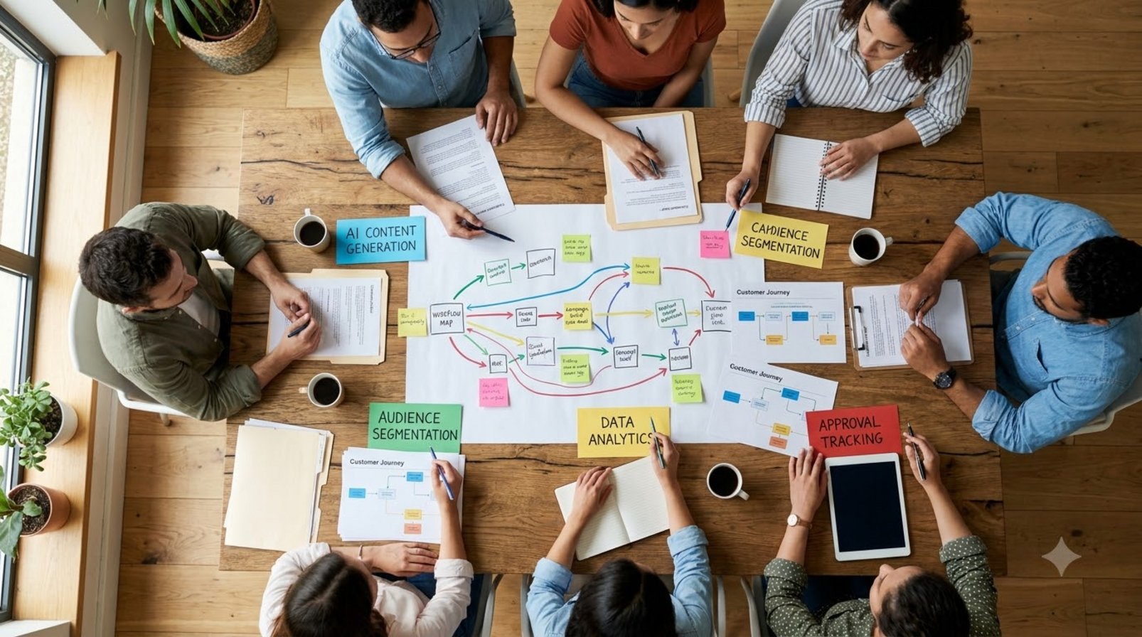 Nhóm marketing họp quanh bản đồ quy trình giấy, thẻ màu và tài liệu chiến dịch