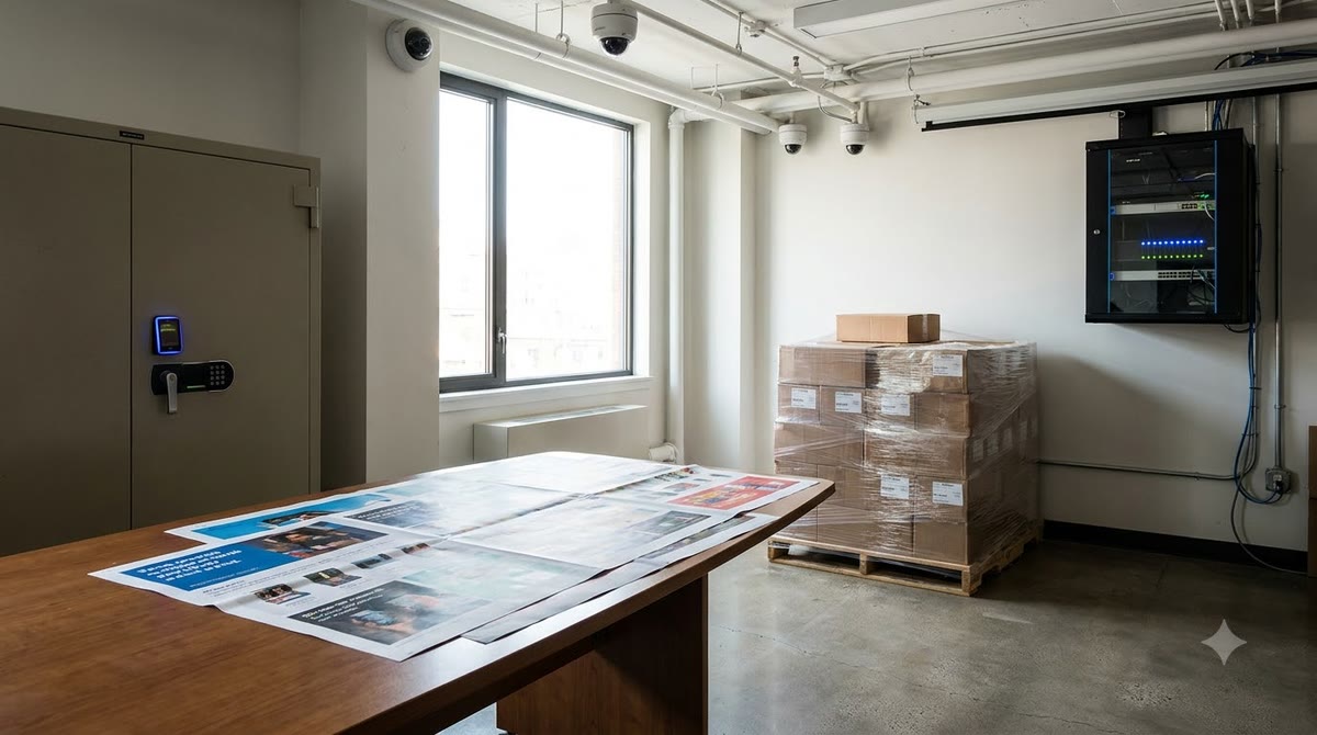 Campaign printouts, locked filing cabinets, and network equipment in an operations space
