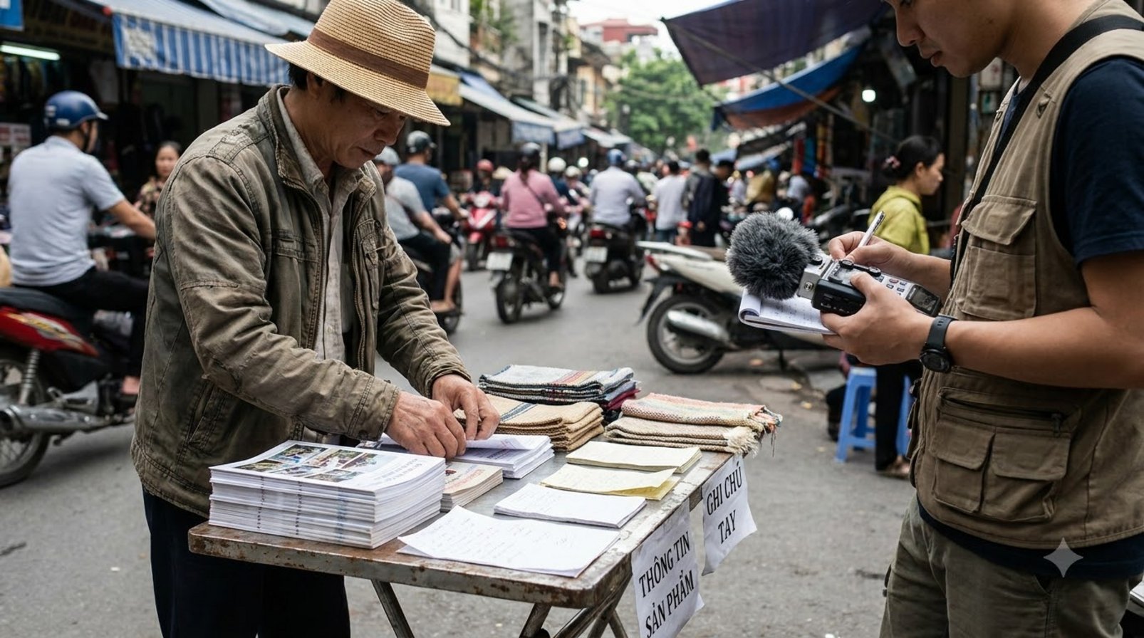 Người bán hàng sắp xếp mẫu sản phẩm và giấy tờ ở chợ phố Hà Nội