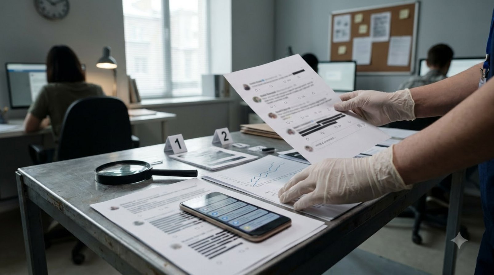 Gloved hands comparing a social media screenshot and a printed chart on a metal table