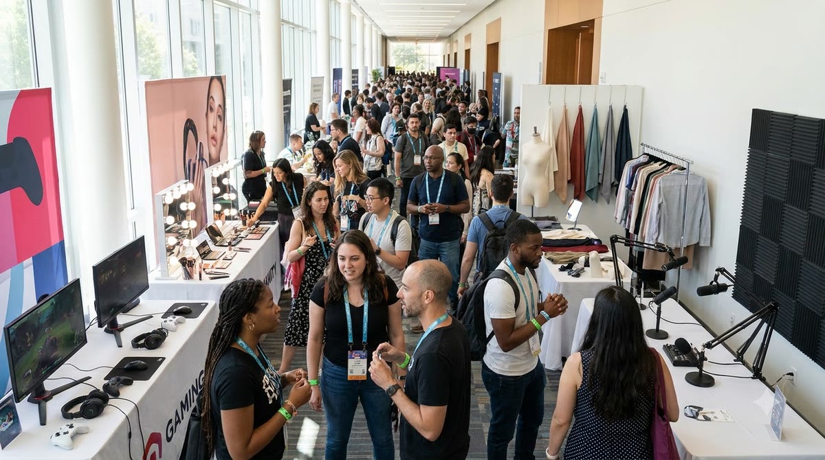 A creator exhibition area with separate gaming, beauty, fashion, and podcast zones