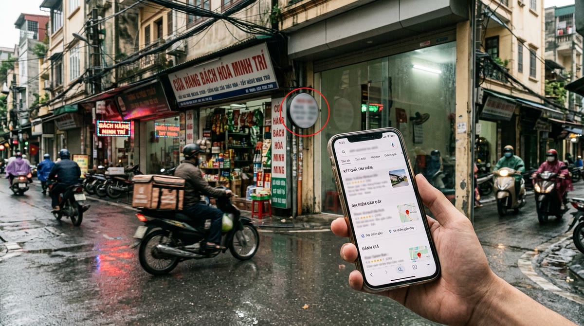 A Hanoi street shop and a phone displaying general search results