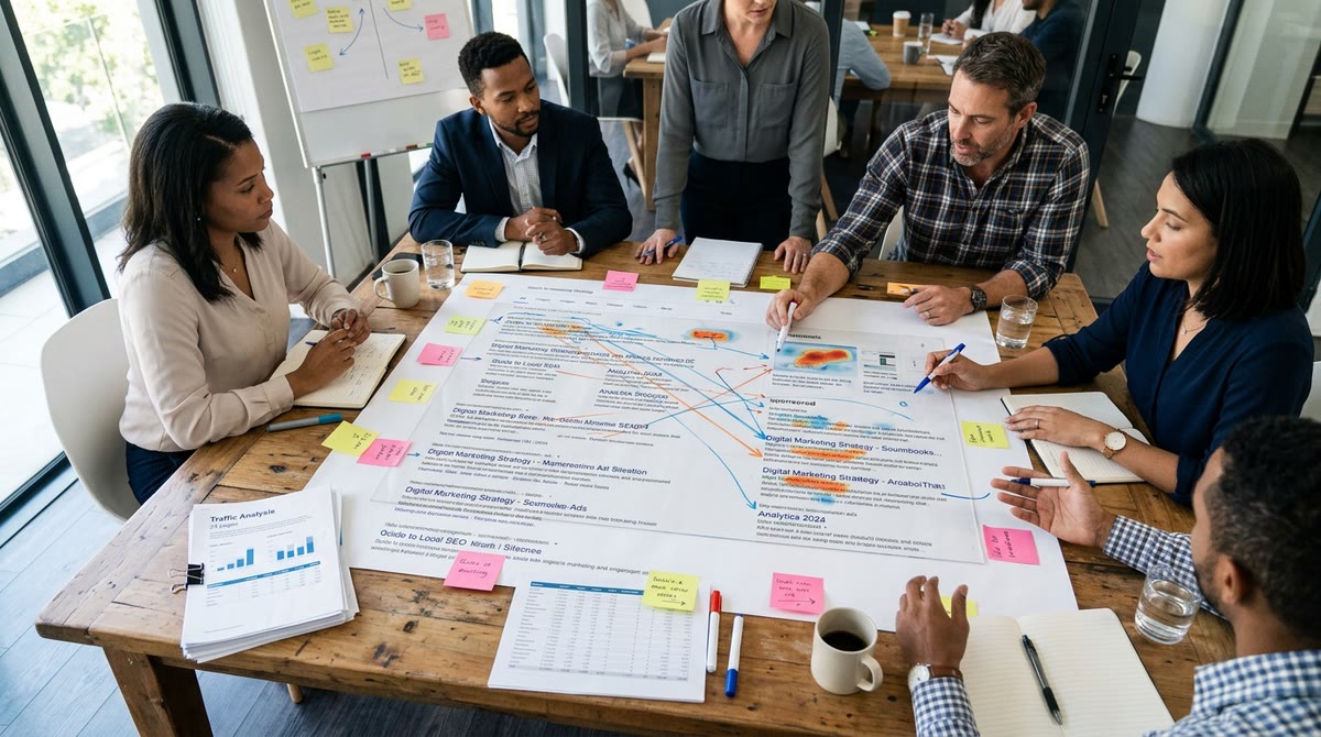 Meeting table with printed search results and a click chart partially obscured