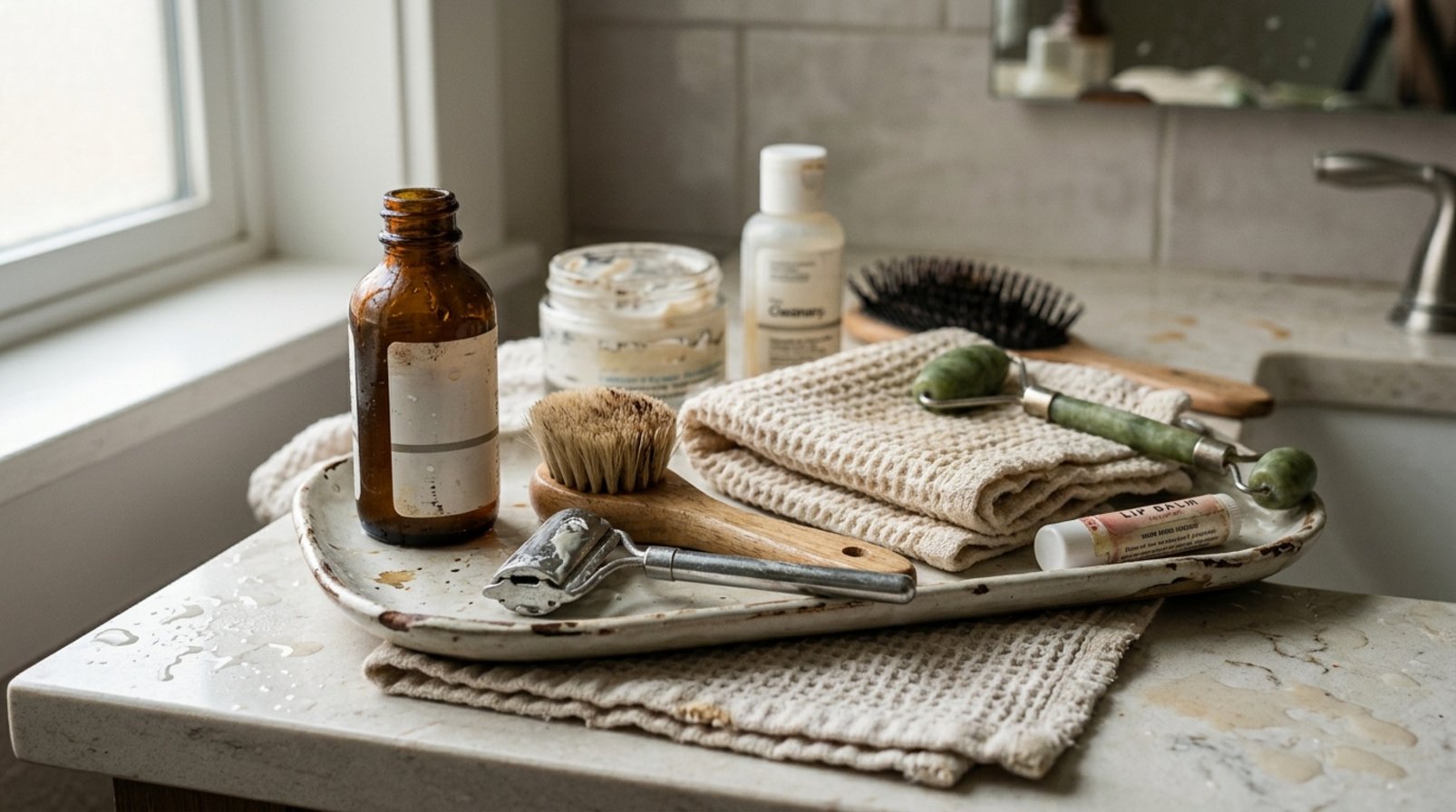 Mỹ phẩm viral được bày trên bàn lavabo trong không gian gia đình