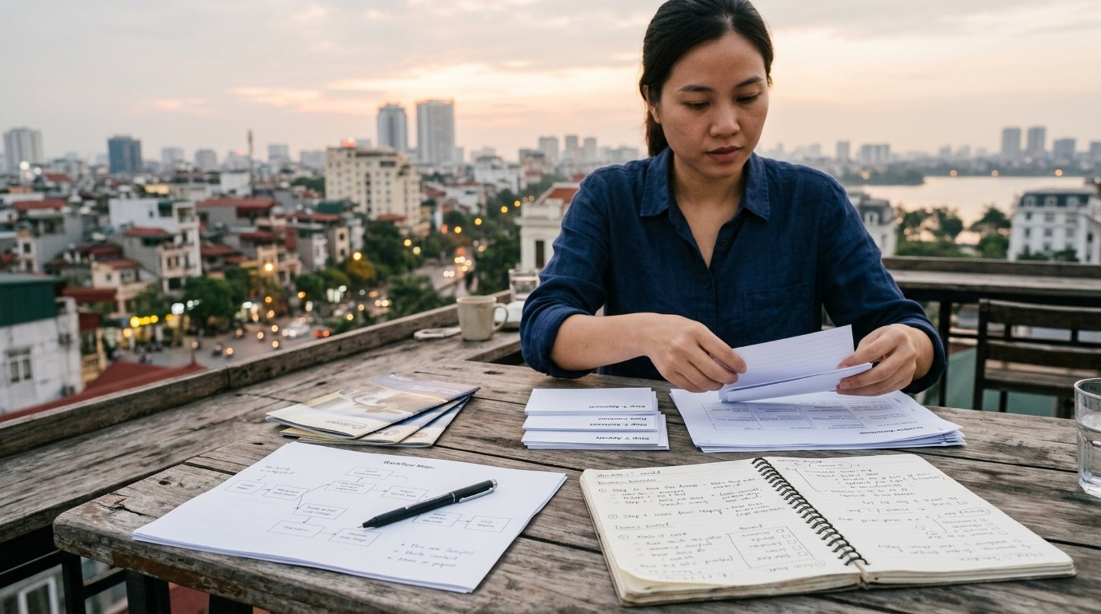 Bàn giấy tờ trên sân thượng Hà Nội với sơ đồ workflow và thẻ kiến thức nội bộ