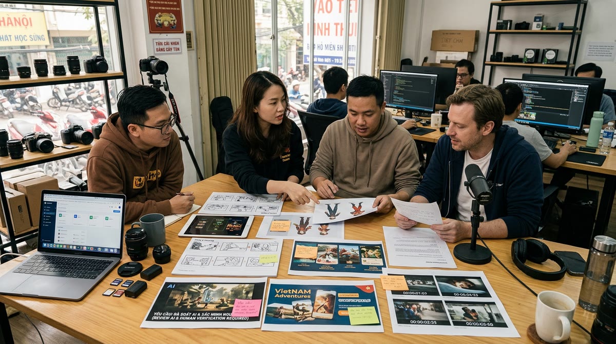 Nhóm sáng tạo tại Việt Nam xem storyboard, bản in quảng cáo và ghi chú quy trình AI