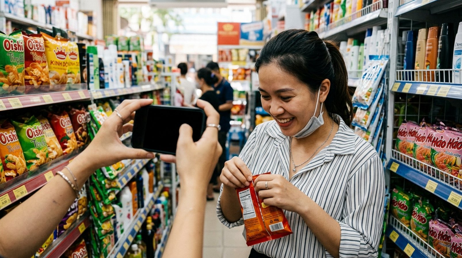 Một khách hàng được quay khi mở thử sản phẩm giữa lối đi siêu thị