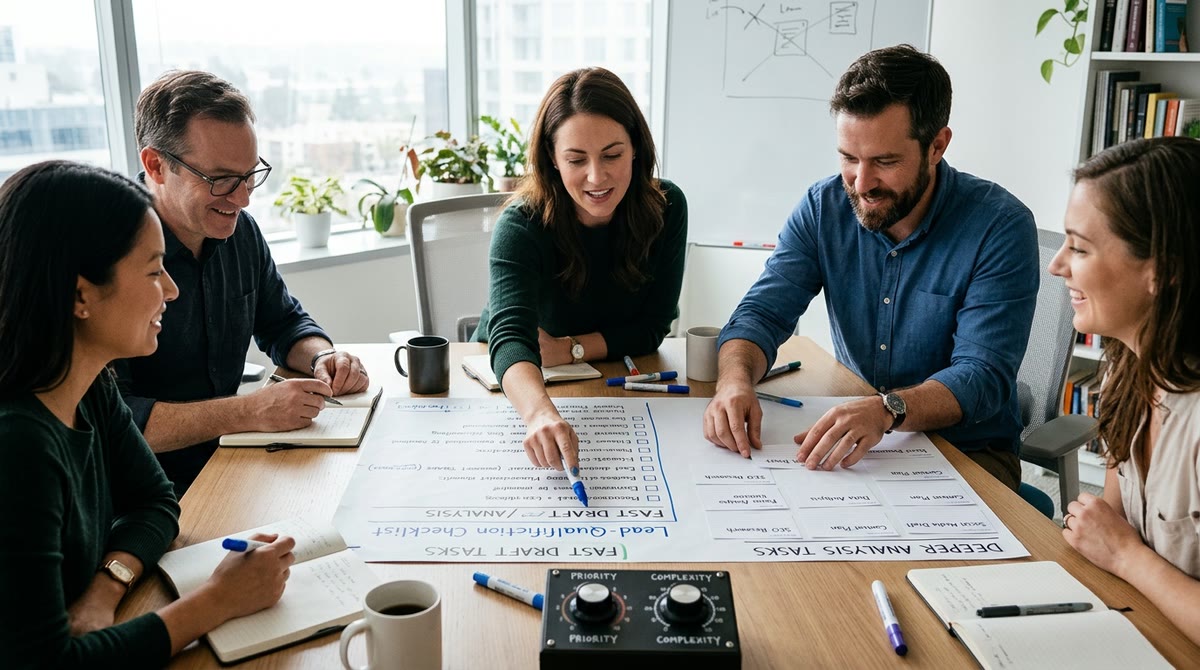 Đội marketing so sánh tác vụ nhanh và phân tích sâu bằng giấy tờ và bảng nút chỉnh
