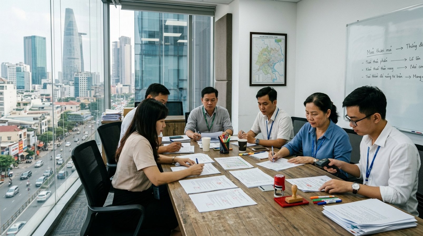 Phòng họp ở Việt Nam với giấy duyệt, máy quét cầm tay và con dấu đỏ