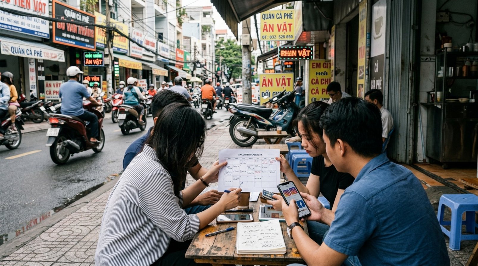 Nhóm marketing nhỏ kiểm tra lịch nội dung bên quán cà phê ở Sài Gòn