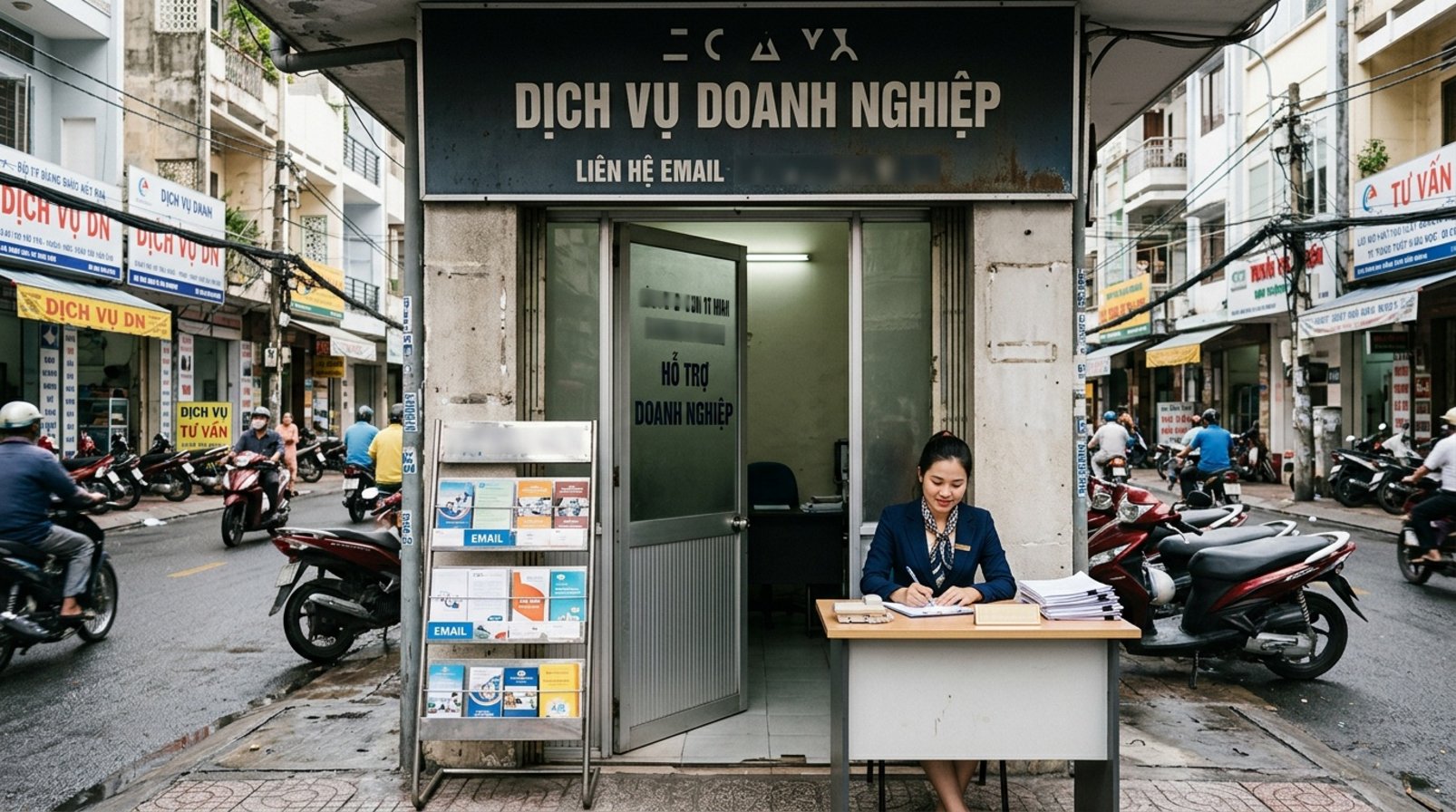 Lối vào văn phòng dịch vụ giữa phố với quầy lễ tân và kệ brochure