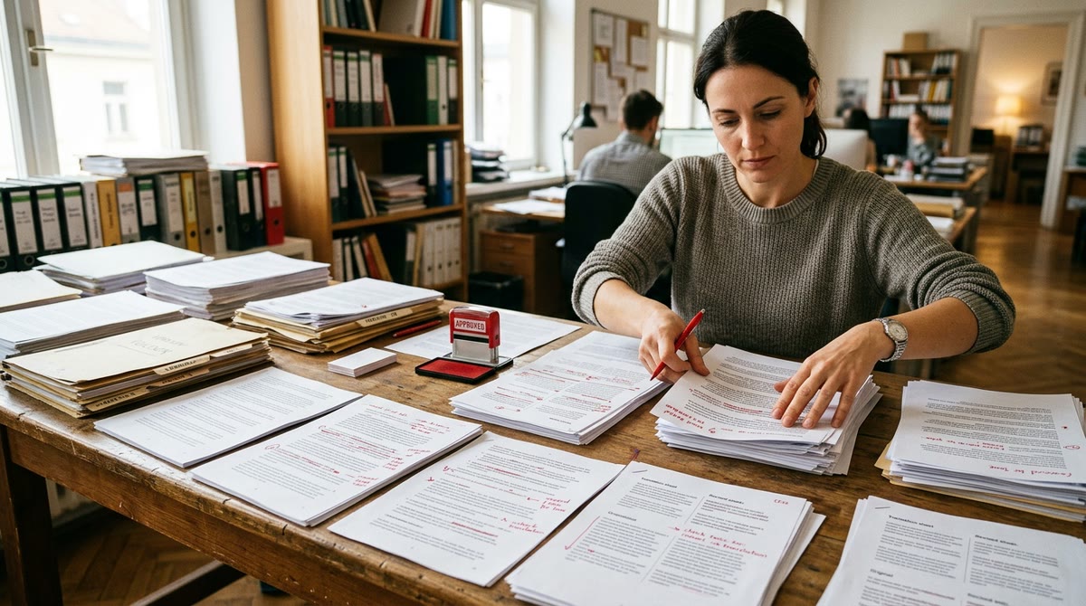 Editorial desk full of printouts, red pens, and content localization files