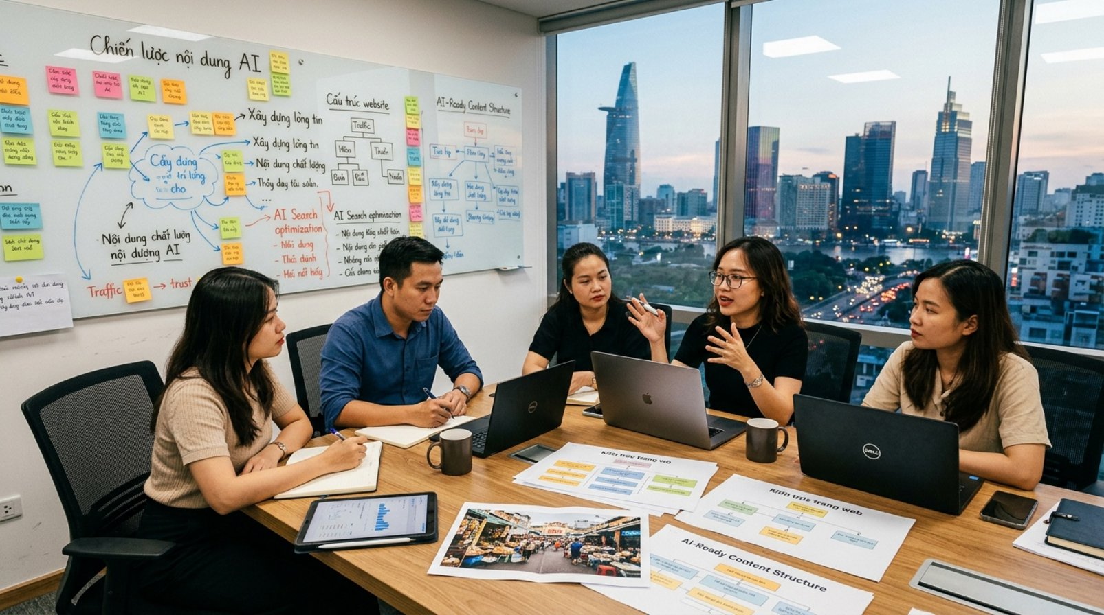 Nhóm marketing Việt Nam họp bên sơ đồ nội dung và bản in trang web