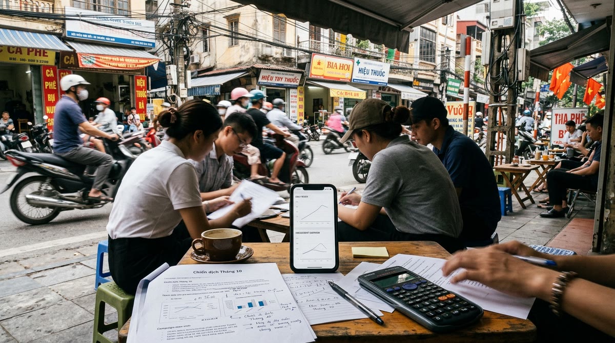 Nhóm marketing kiểm tra bản in báo cáo bên quán cà phê giữa phố xá Việt Nam