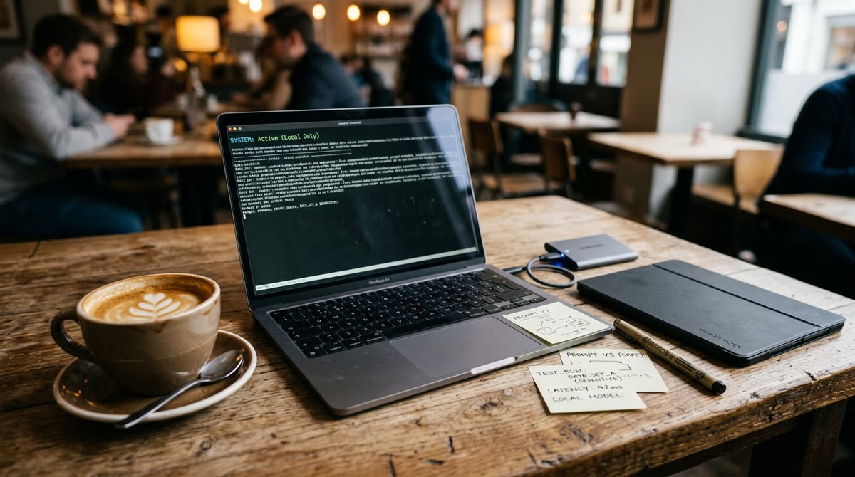 MacBook Air nhỏ gọn, SSD di động và giấy ghi chú trên bàn quán cà phê