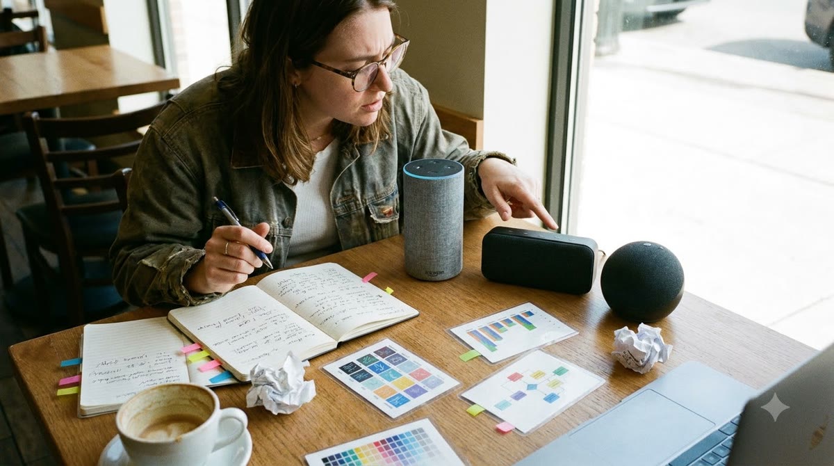 Người làm marketing so sánh ba thiết bị trợ lý AI trên bàn quán cà phê