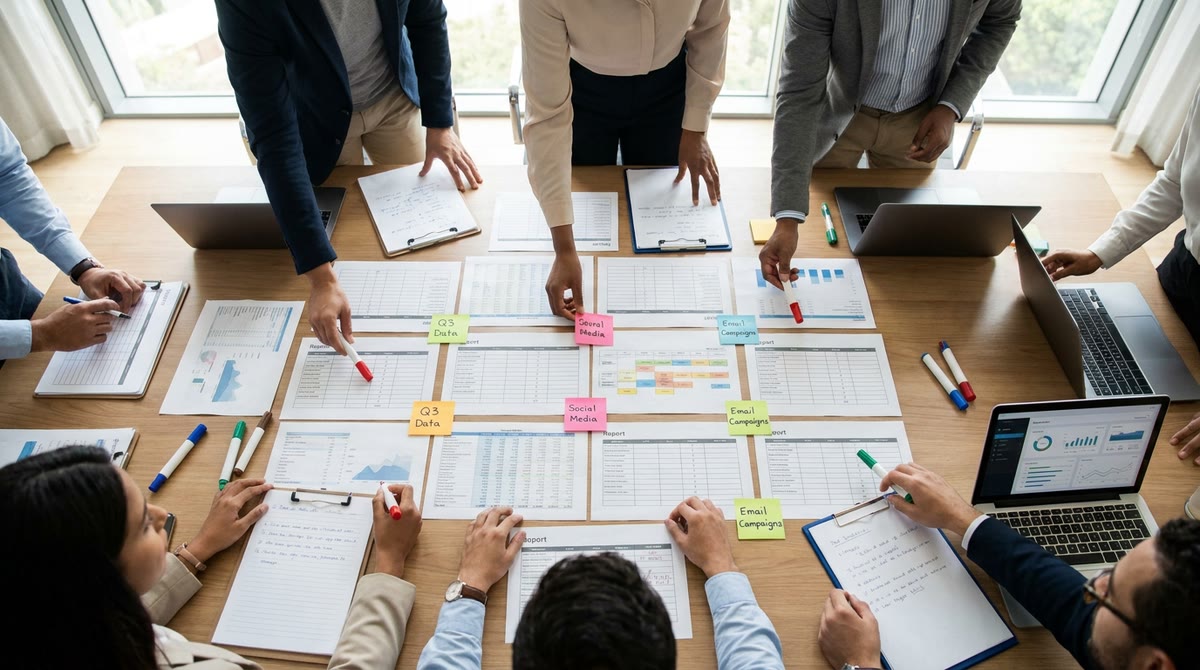 Nhóm marketing sắp xếp mẫu báo cáo chuẩn hóa và các bảng KPI in giấy