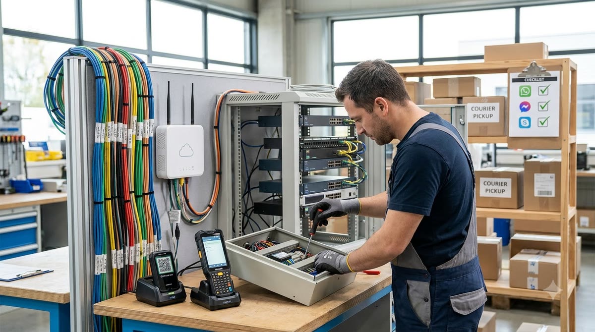 Technician configuring connected devices, label printer, and network infrastructure in a workshop