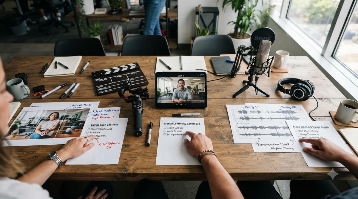 Bộ phận nội dung rà soát bản in, clip video và thiết bị âm thanh trên bàn họp