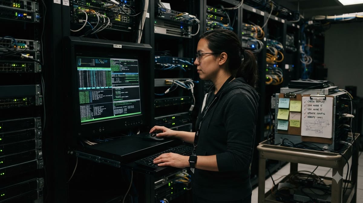 Kỹ sư đứng cạnh rack máy chủ, nhìn vào trạm terminal nhiều phiên làm việc