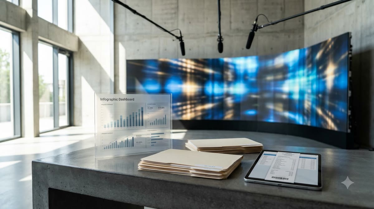 Close-up of advertising revenue documents, contract envelopes, and a broadcast studio counter