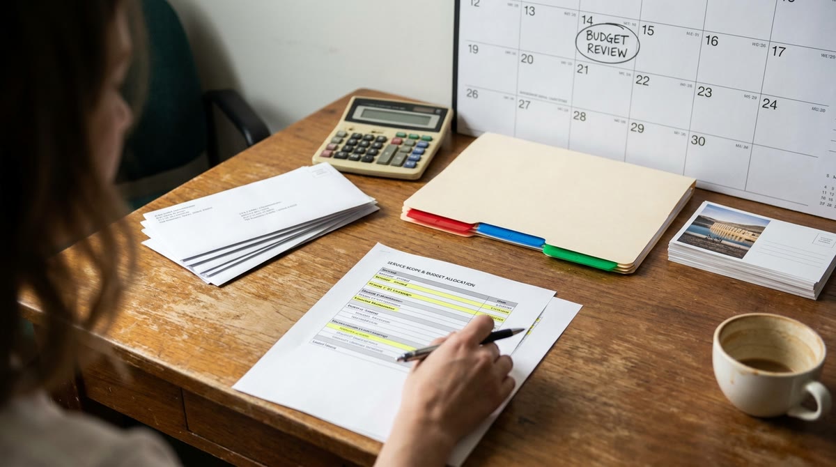 Bàn họp nhỏ với hóa đơn, lịch gửi mail và tài liệu gạch nổi các hạng mục dịch vụ
