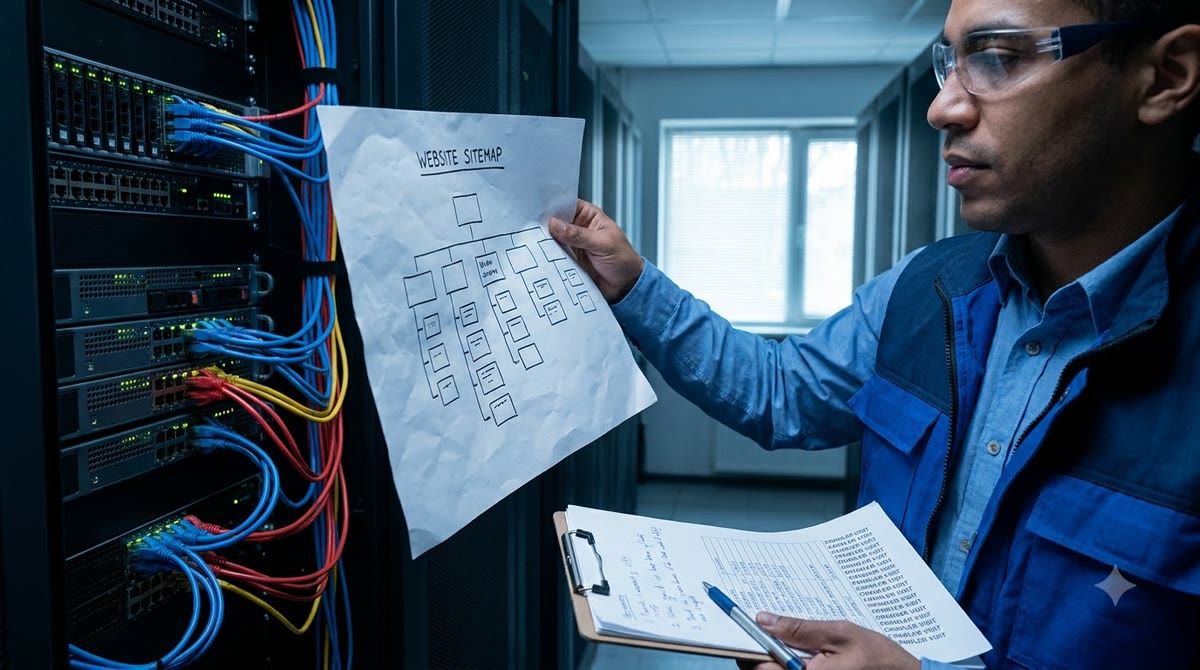 A technician holding a printed sitemap diagram beside rows of servers in a data center