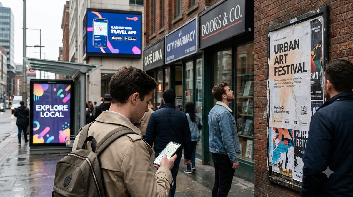 A passerby moving past brand touchpoints in a crowded street