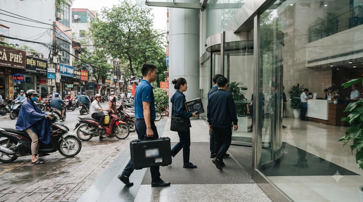 Nhóm doanh nghiệp mang hộp thiết bị AI đi qua sảnh toà nhà văn phòng Việt Nam