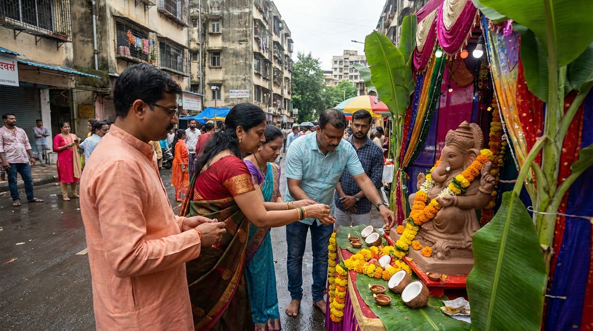 Người dân đặt hoa cúc và đèn dầu trước bàn thờ Ganesha giữa con phố lễ hội