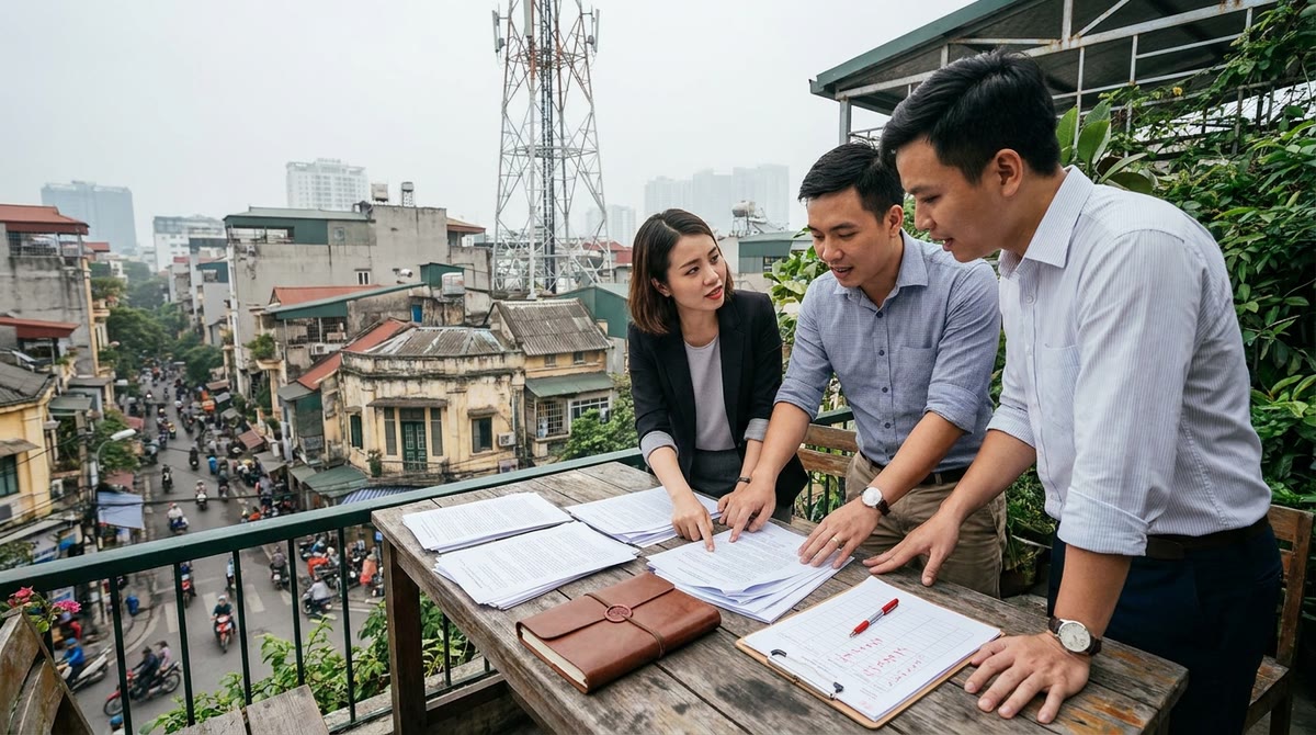 Nhóm marketer Việt xem biểu mẫu dữ liệu và sổ ghi vết trên sân thượng