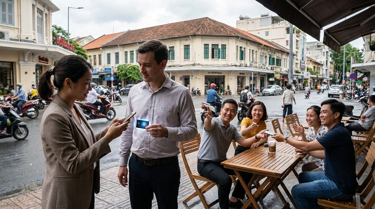 Một người trao card số ở quán cà phê, đồng nghiệp bên cạnh quan sát và nhận theo