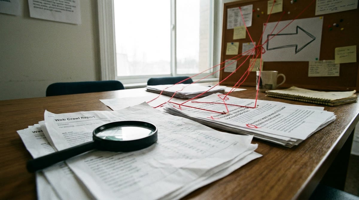 Editorial desk with crawl reports, a magnifying glass, and linking arrows