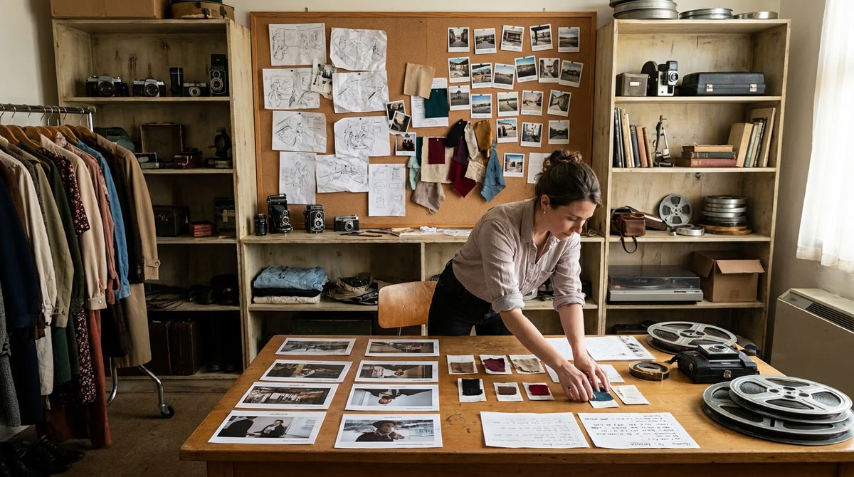 Bàn làm việc phủ storyboard, vải mẫu và đạo cụ trong phòng chuẩn bị sản xuất