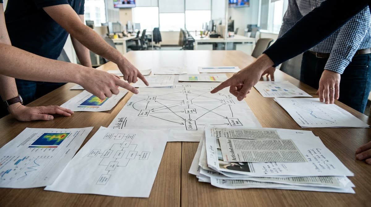 From above, a team reviews printed analysis of clicks and citations
