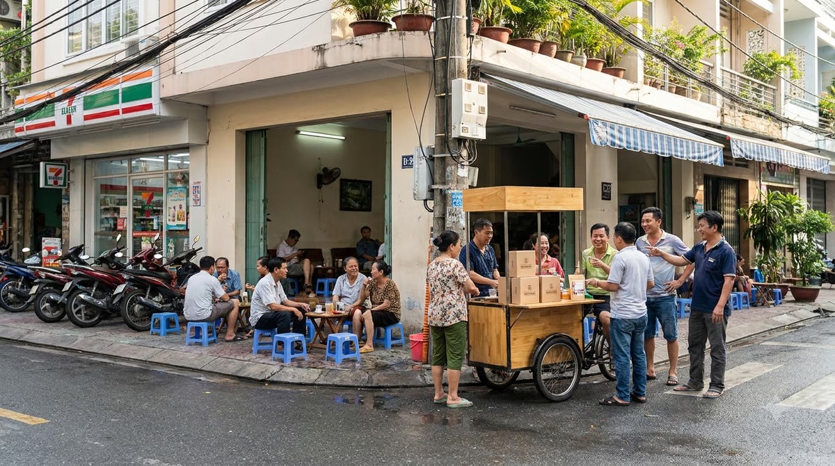 Cảnh phố Việt Nam trước quán cà phê, người dân trao đổi về quầy dùng thử của thương hiệu