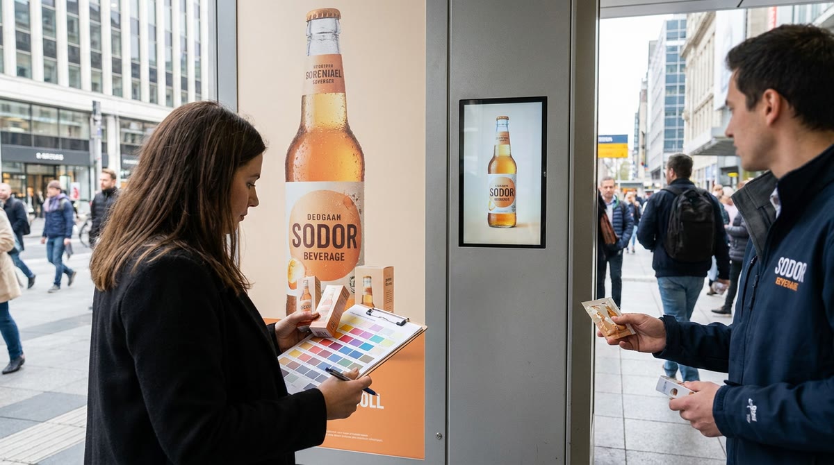 Bức tường quảng cáo đô thị so sánh cùng thông điệp trên poster, video dọc và bao bì thật